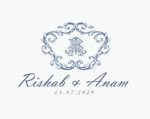 Wedding logo monogram crest vector design royal style blue color illustration monogram crest