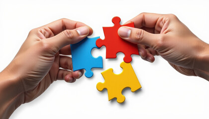 Hands holding colorful puzzle pieces, teamwork, connection, cooperation, problem solving concept