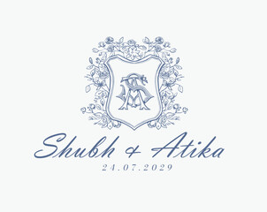 Wedding logo monogram crest vector design royal style blue color illustration monogram crest