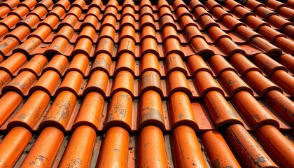 Intricate, glazed terracotta roof tiles, rich orange hues, subtle texture, aged patina,  architecture,  house