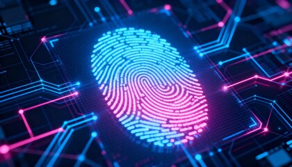 Digital fingerprint hologram with neon cyber network connections, biometric authentication concept