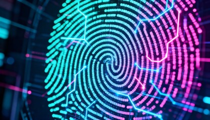 Digital fingerprint hologram with neon cyber network connections, biometric authentication concept