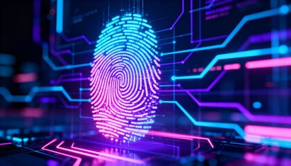 Digital fingerprint hologram with neon cyber network connections, biometric authentication concept