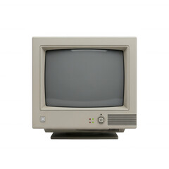 Beige C R T computer monitor with gray screen and power button isolated on a transparent background image