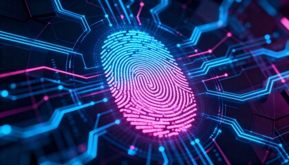 Digital fingerprint hologram with neon cyber network connections, biometric authentication concept