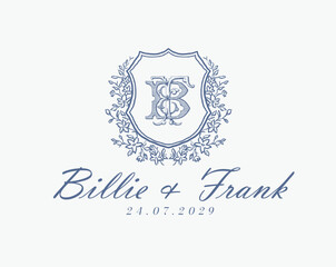 Wedding logo monogram crest vector design royal style blue color illustration monogram crest