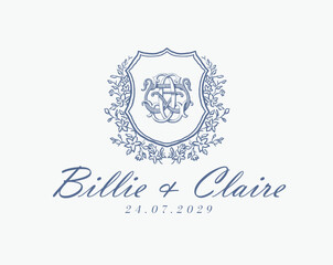 Wedding logo monogram crest vector design royal style blue color illustration monogram crest