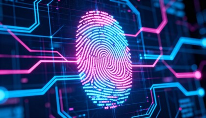 Digital fingerprint hologram with neon cyber network connections, biometric authentication concept