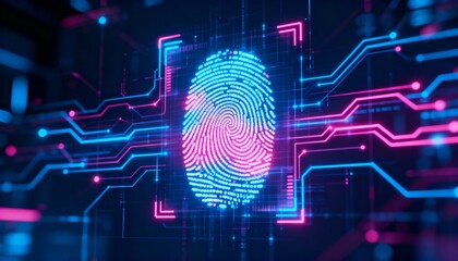 Digital fingerprint hologram with neon cyber network connections, biometric authentication concept