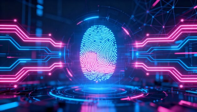 Digital fingerprint hologram with neon cyber network connections, biometric authentication concept