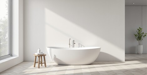 Fototapeta premium Modern minimal bathroom interior with white freestanding bathtub, wooden stool, and potted plant in sunlight on bright wall background. Ai generative