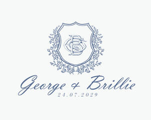 Wedding logo monogram crest vector design royal style blue color illustration monogram crest