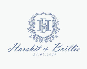 Wedding logo monogram crest vector design royal style blue color illustration monogram crest