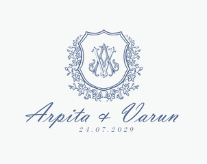 Wedding logo monogram crest vector design royal style blue color illustration monogram crest
