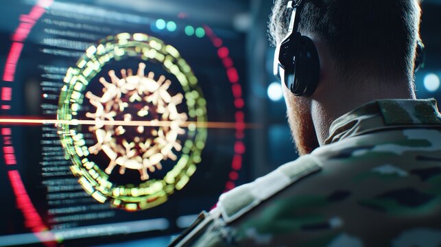 Defense specialist monitors a complex digital virus model on a high-tech screen, analyzing critical health data for global pandemic preparedness and scientific threat assessment