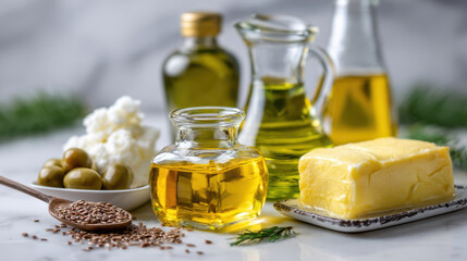Cold pressed oil in glass jar with butter and flax seed on wooden spoon, fresh dairy and healthy cooking ingredients