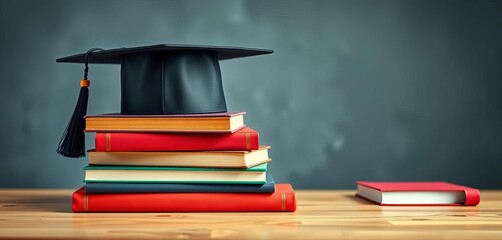 Black graduation cap atop stacked textbooks, classic academic setting,  achievement, graduation