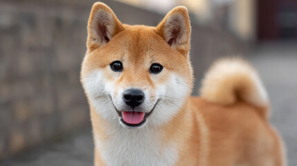Shiba Inu dog with fluffy fur and curled tail smiling outdoors on blurred background, showing happy expression