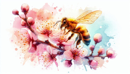 Spring Harmony: Bee and Blossoms in Watercolor