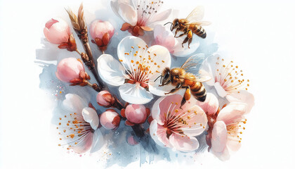 Nature Artwork of Bees Flying Around Flowering Branches