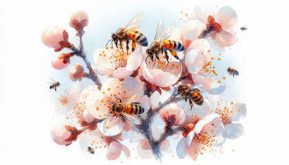 Watercolor Illustration of Bees on Spring Blossom Flowers