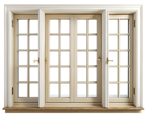 Elegant french doors with glass panes and brass handles, isolated on transparent background