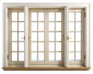 Elegant french doors with glass panes and brass handles, isolated on transparent background
