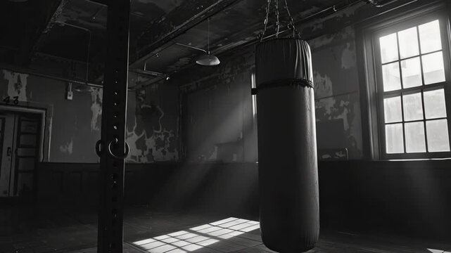 Empty boxing ring with a single worn-out punching bag in the background of an aged boxing gym with peeling paint and sunlight streaming through a window.