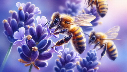 Digital Artwork of Bees and Lavender in Bloom