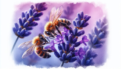 Realistic Illustration of Bees on Lavender Flowers