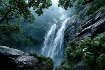 Obraz premium Misty Waterfall Cascading Down Rocky Cliff in Lush Rainforest