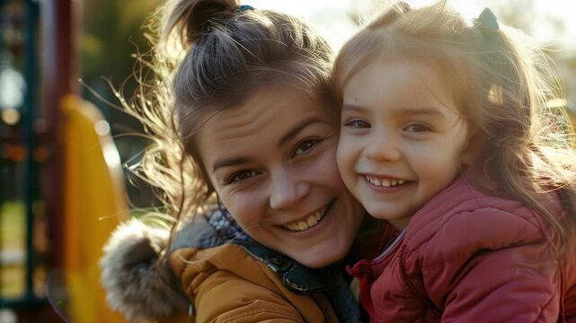A joyful moment captured at the playground with a young child in her mother's arms.