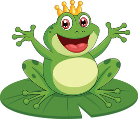 Cartoon frog prince with crown, sitting on lily pad, joyful expression, red eyes, green body, flat vector illustration for kids
