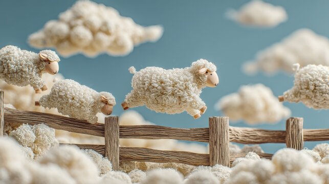Counting sheep made of cotton balls jumping over the fence. Creative concept of mixing real objects and computer graphic.