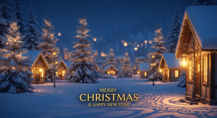 Fototapeta premium Snowy Winter Village Scene at Night with Glowing Lights, Pine Trees, and 'Merry Christmas & Happy New Year' Text