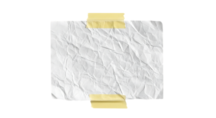 Crinkled white paper note secured with yellow tape isolated on black