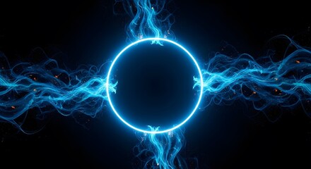 Abstract glowing blue neon circle portal with energy waves and particles on a dark background, futuristic concept