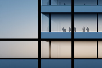 Modern building with glass facade and silhouettes of people inside, concept of architecture, business and urban lifestyle, symbolizing design, structure and modernity.