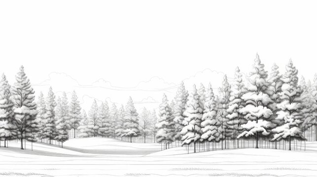 Tranquil winter forest engraving featuring snow covered pine trees for seasonal aesthetics