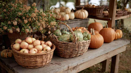 Basket apple pumpkin rustic harvest autumn outdoor wooden Basket of apples and pumpkins rustic