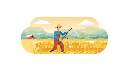 Fototapeta premium Farmer working in a wheat field, harvesting crops with a scythe, rural landscape with barn and mountains.