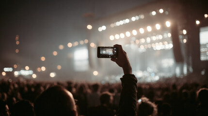 Crowd concert night smartphone selfie friends music festival outdoor excitement