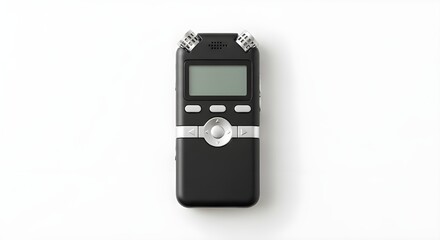 Professional black digital audio voice recorder device used for interviews and dictation isolated PNG with Transparent Background