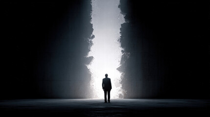 Lone figure standing in dark room with dramatic light breaking through wall, mysterious mood