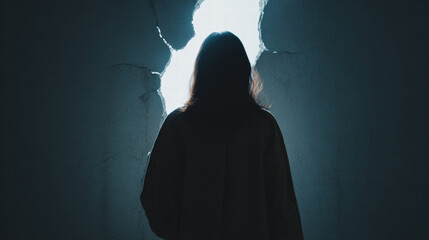 Silhouette person standing in dark room facing cracked wall with light shining through opening