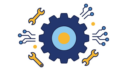 Gear configuration icon with tools and system process flow