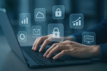 Hands Typing on Laptop with Digital Security Icons Representing Data Protection and Privacy