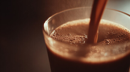 Coffee glass beverage slow motion pouring warm drink closeup brown foam morning refreshment
