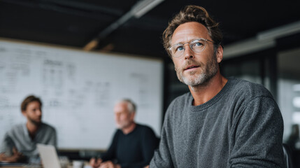 Confident entrepreneur, casual office, brainstorming, creative, thoughtful Confident