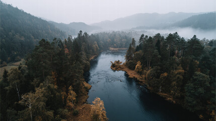 Aerial view, winding river, autumn forest, misty landscape, tranquil morning atmosphere